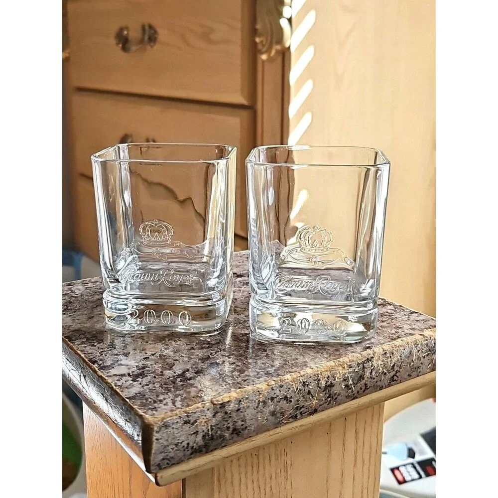 Set Of 2 Y2K Millennium Crown Royal Whiskey Rocks Glasses Embossed Logo W/ 2000